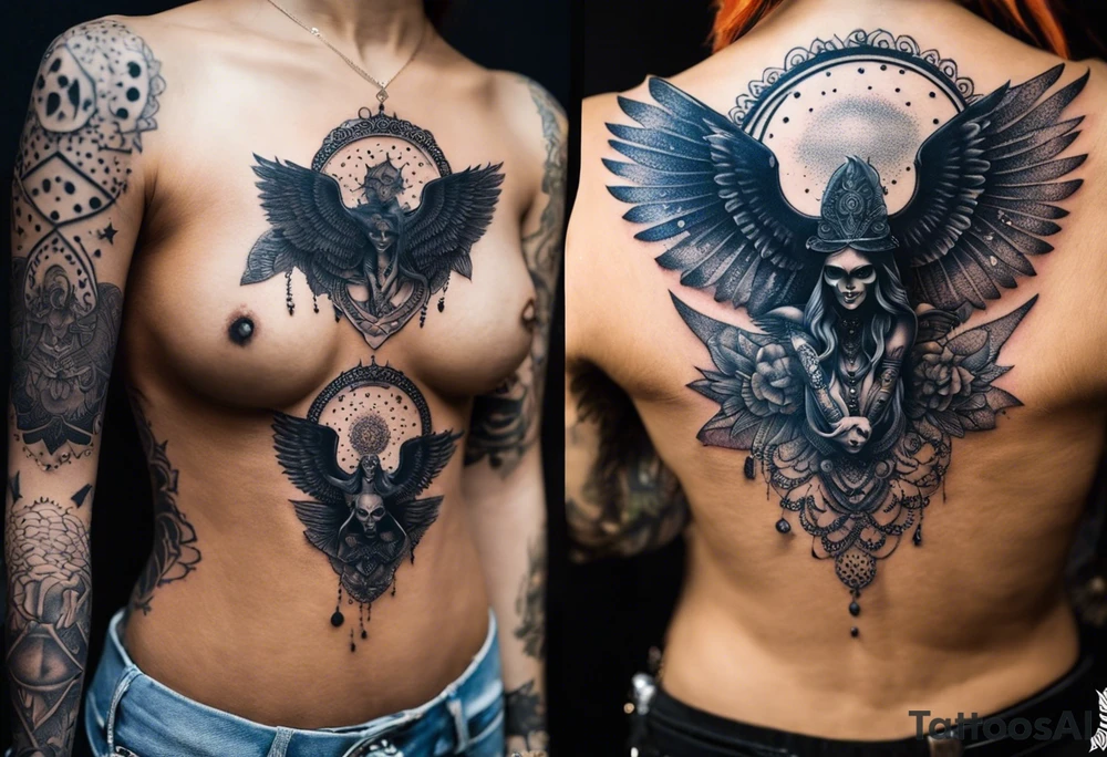 black kali, goddess pirate, alien, angel, pachamama, valkrye, warrior, flying, skull, lotus azul, wing, eagle, zenza resonance, stars, 5D, anahata chakra, death, durga, riding on a tiger, flying lady, chest tatoo tattoo idea