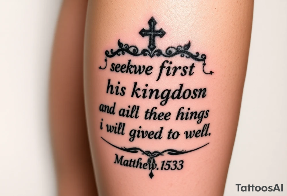 Matthew 6:33 But seek first his kingdom and his righteousness, and all these things will be given to you as well on leg tattoo idea