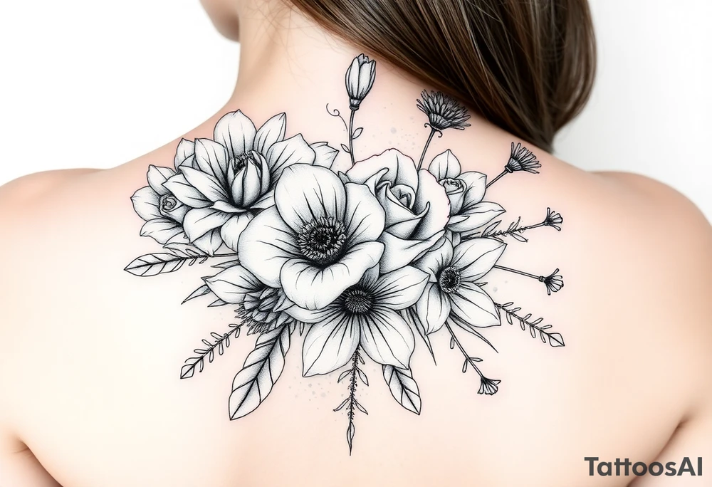 3d realistic Bouquet of flowers with a Carnation, rose, lily, luster, and aster flower tattoo idea
