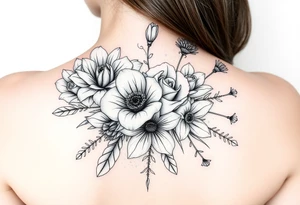 3d realistic Bouquet of flowers with a Carnation, rose, lily, luster, and aster flower tattoo idea