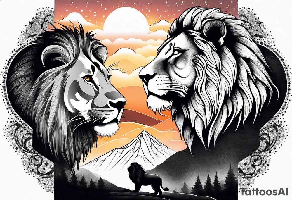 Tattoo in the shape of a lion head with a father and son in the mountains with  a waterfall and cross in the background and a sunset inside of it tattoo idea