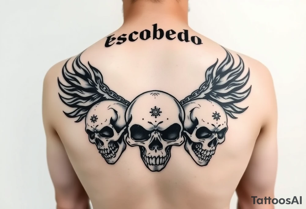Upper back tattoo in stark emo-punk linework. ‘Escobedo’ carved bold and clean across the shoulders. Black flame arcs rise behind it like wings—sharp, negative space-driven. Between the flames, loose chains drape with motion. Three skulls: cracked on the left, snarling in the center, screaming on the right. Each skull etched with fine Aztec-inspired marks—sunbursts, dots, and sacred lines. No color. No shading. Just fire, bone, and steel inked in symmetry. tattoo idea