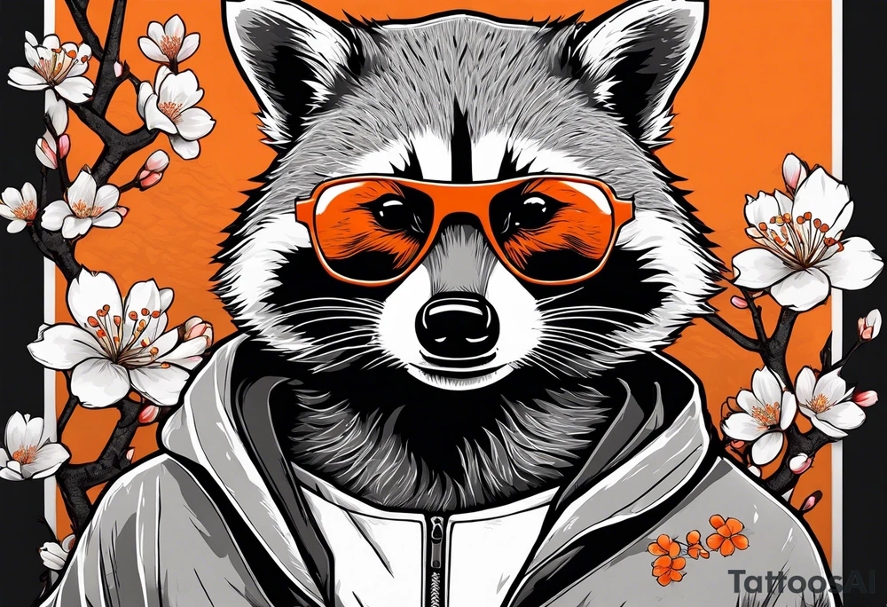 raccoon wearing a Superman hoodie with orange Japanese cherry blossoms tattoo idea