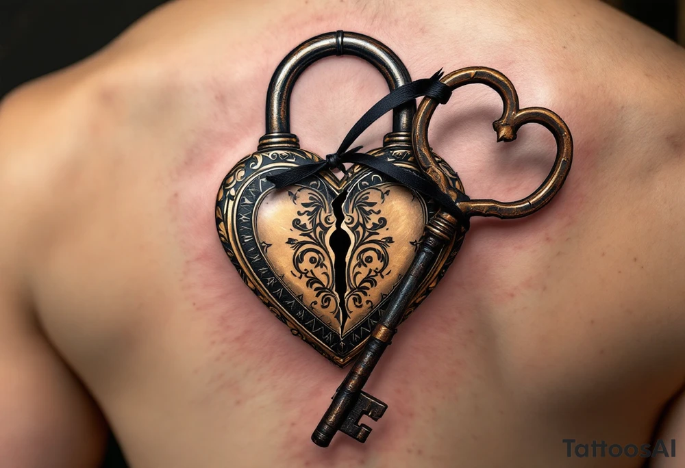 A vintage heart-shaped lock with intricate baroque detailing, cracked slightly at the center, paired with a rusted skeleton key wrapped in a thin black ribbon. The lock is shaded in antique gold and deep bronze, while the key has accents of dark silver and aged steel. tattoo idea