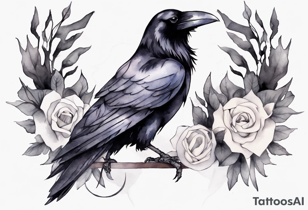 raven with a white ribbon bracelet tattoo idea