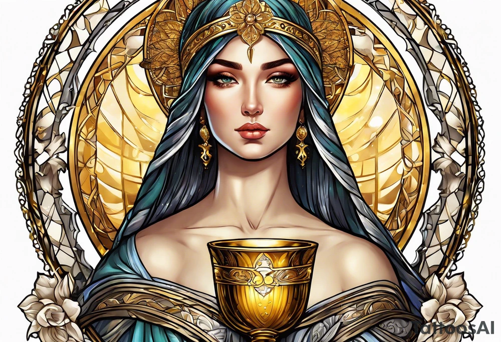 woman saint holding chalice surrounded by golden halo portrait tattoo idea