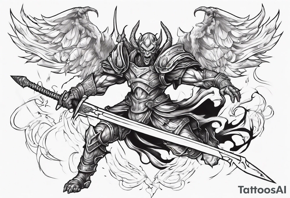 A demon angel wearing organic armor that is in mid-air with his two-handed sword about to attack in isometric view. tattoo idea