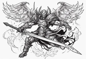 A demon angel wearing organic armor that is in mid-air with his two-handed sword about to attack in isometric view. tattoo idea