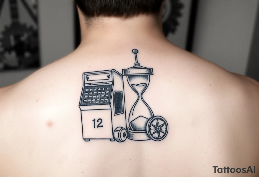 Slot machine next to sand timer and compass tattoo idea
