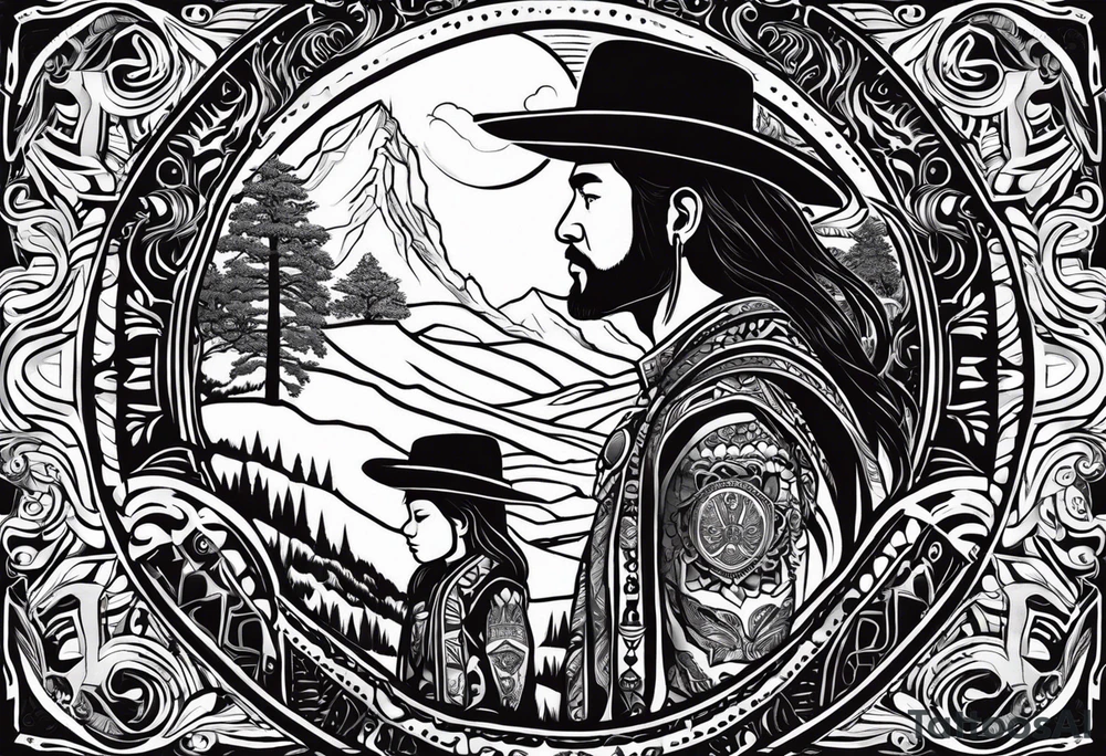 Mexican American inspired that incorporates being a father,  building generational wealth. Include elements of the Pacific Northwest Forrest on shoulder.
Add silhouette of son and daughter tattoo idea