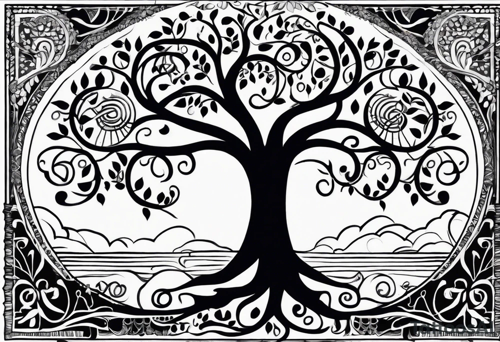 Black and white folk art whimsical tree of life drawing with roots winding all over tattoo idea