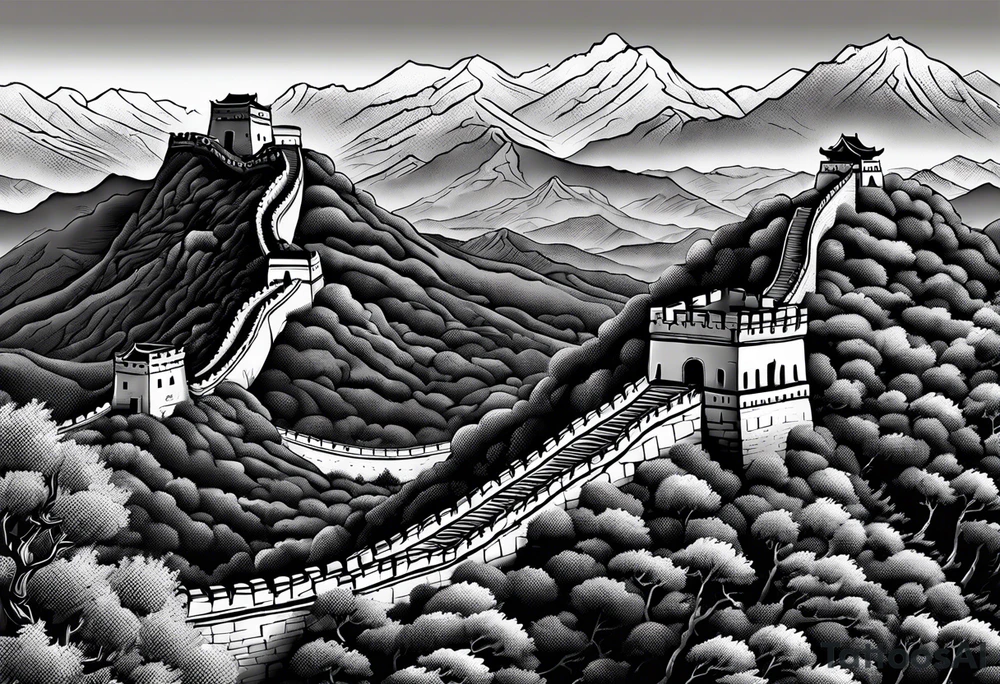 Great Chinese wall, realistic, art, gezeichnet, fine line, black and grey, man tattoo idea