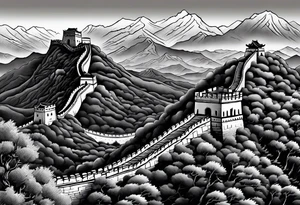 Great Chinese wall, realistic, art, gezeichnet, fine line, black and grey, man tattoo idea