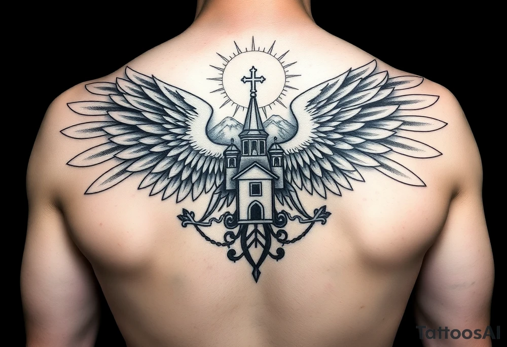 an actual russian coat of arms with the eagles wings spanning out on my back neck across my shoulders / traps with a orthodox christian church being visible in a mountainous sun beaming setting, with the russian orthodox cross spire of the orthodox church being visible on my neck with a sun beaming in the background that the cross sits inside tattoo idea