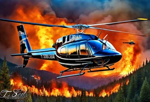 a bell 407 helicopter with the name "T. Sousa" on it, with multiple other helicopters below it, over a wildfire, with the pilot wearing night vision goggles. tattoo idea