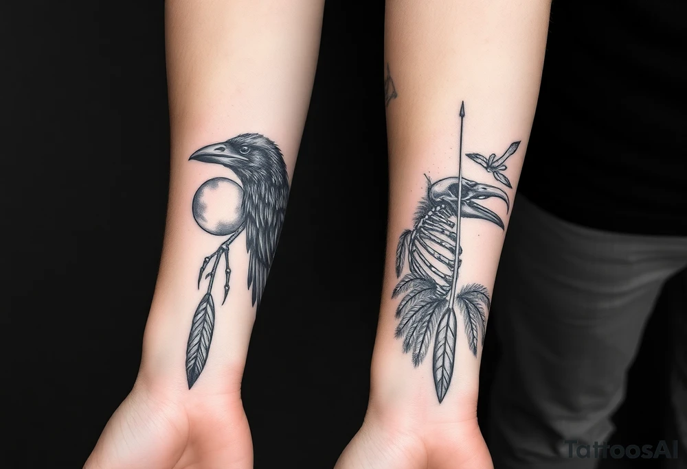 Double forearm tattoo with one normal crow head, feathers and a moon joint with the other forearm with a skeleton of a crows head and feathers all around tattoo idea