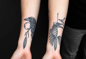 Double forearm tattoo with one normal crow head, feathers and a moon joint with the other forearm with a skeleton of a crows head and feathers all around tattoo idea