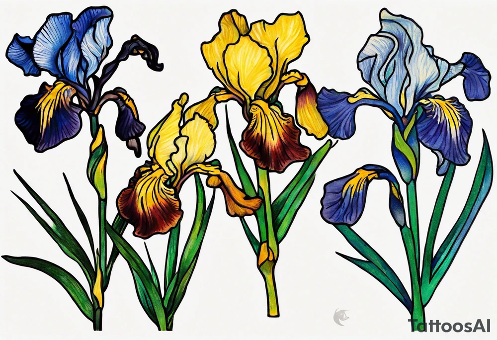 Small Vincent van Gogh Irises tattoo, delicate and intricate linework, vibrant and rich colors, fine art tattoo, detailed petals, high quality, elegant and feminine, upper chest placement, professional tattoo design, realistic style, vivid colors, soft shading, fine details, professional execution, delicate and artistic, small size, realistic interpretation tattoo idea