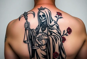Santa muerte with a black robe. Holding her sythe and a scale. One food on the world and red roses placed in different areas. tattoo idea