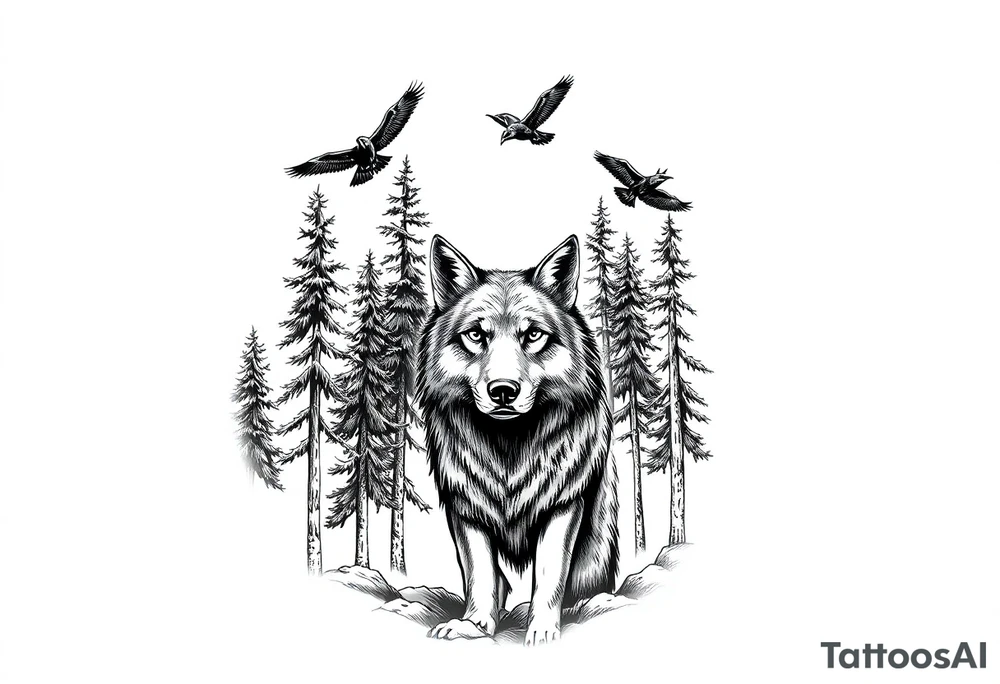 Densely wooded area with tall pine trees with a large wolf in the foreground looking straight forward, and four ravens flying overhead tattoo idea