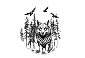 Densely wooded area with tall pine trees with a large wolf in the foreground looking straight forward, and four ravens flying overhead tattoo idea