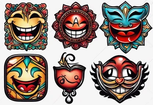 Smile face pin with a drop of blood on it.  Words under it say it's all a joke tattoo idea