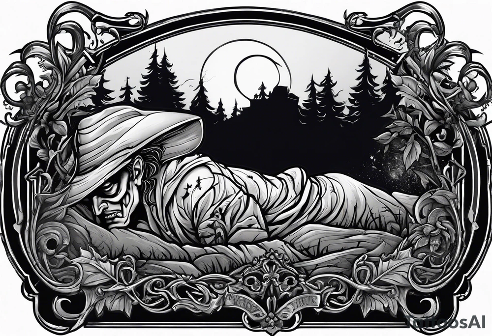 Man crawling out of grave. 
MIW Reincarnate written on gravestone tattoo idea