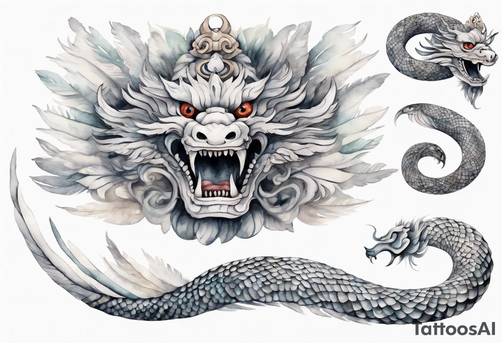 a solitary white feathered serpent wearing a grey crown tattoo idea