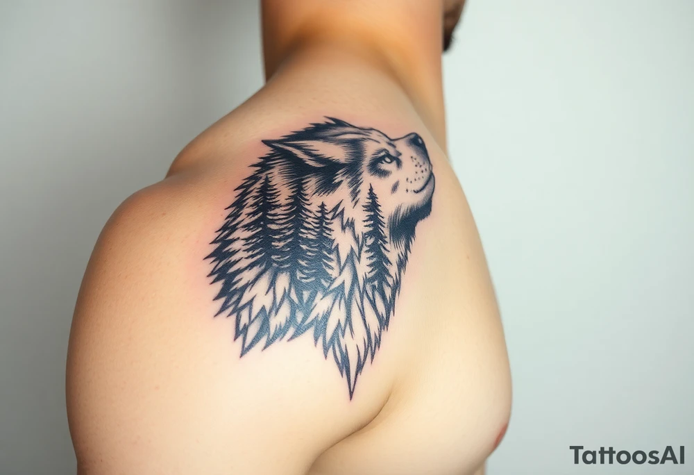 create a side arm powerful majestic tattoo having wolf and pin trees tattoo idea