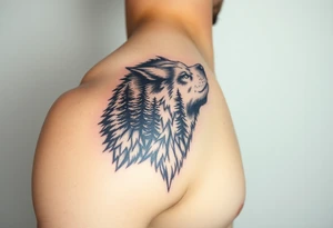 create a side arm powerful majestic tattoo having wolf and pin trees tattoo idea