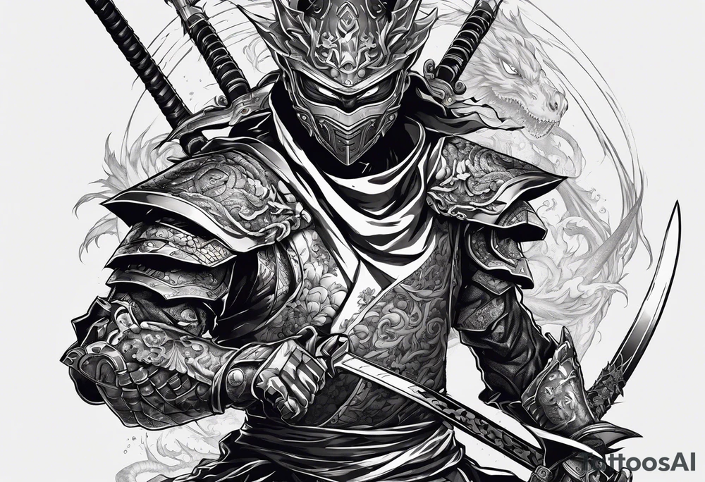 Angry Male Modern robot ninja with demon mask with swords in hands fighting dragon tattoo idea