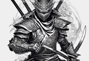 Angry Male Modern robot ninja with demon mask with swords in hands fighting dragon tattoo idea