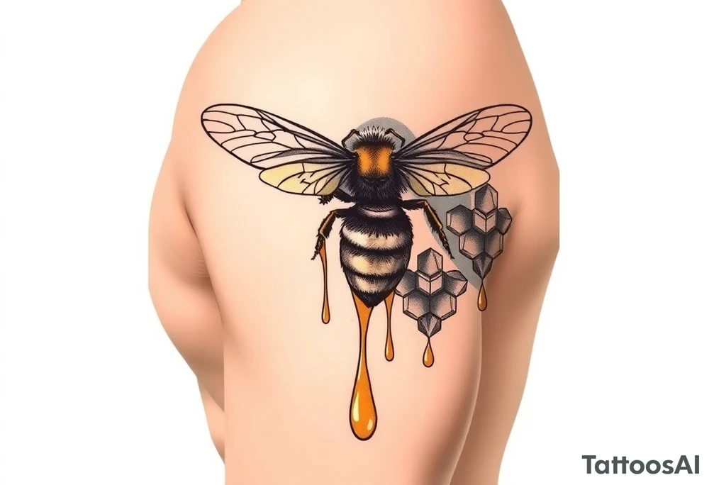 steampunk design of honeycomb with bee and dripping honey on the upper arm tattoo idea