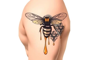 steampunk design of honeycomb with bee and dripping honey on the upper arm tattoo idea