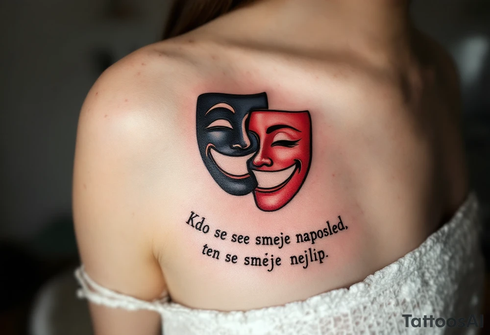 "Kdo se smeje naposled, ten se smeje nejlip." — A stylized theater mask half-laughing, half-serious in contrasting black and red, with the proverb underneath in bold lettering. tattoo idea