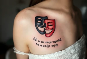 "Kdo se smeje naposled, ten se smeje nejlip." — A stylized theater mask half-laughing, half-serious in contrasting black and red, with the proverb underneath in bold lettering. tattoo idea