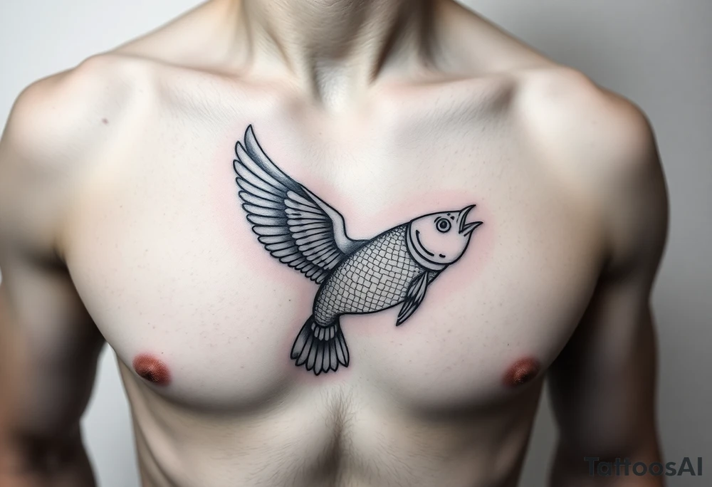 minimal fine line bird and fish tattoo, for chest, man. tattoo idea