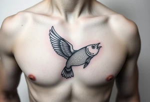 minimal fine line bird and fish tattoo, for chest, man. tattoo idea