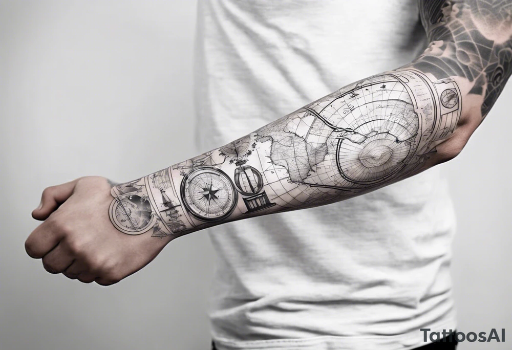 full arm tattoo for man with images of maps and travel and science tattoo idea