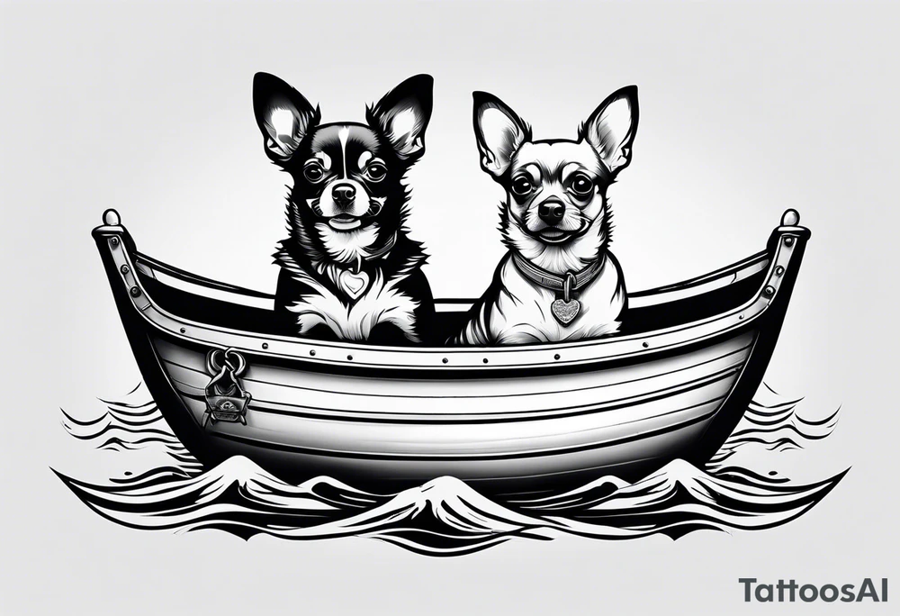 two dogs in a boat. One dog is a chihuahua with big ears. tattoo idea