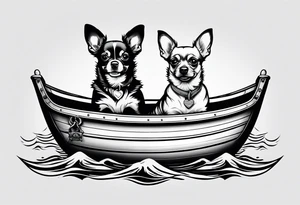 two dogs in a boat. One dog is a chihuahua with big ears. tattoo idea