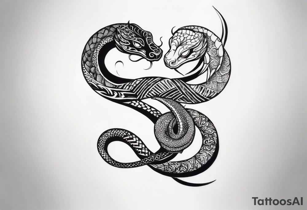Double headed snake tattoo for placement along the spine in japanese style where the head is positioned at the bottom end of my spine to symbolise a journey of healing and transformation with small reference to ying yang tattoo idea