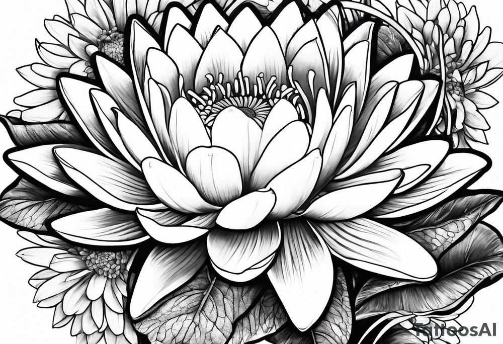 Water lily and larkspur bouquet tattoo idea