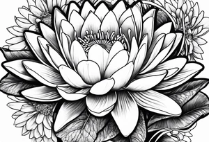 Water lily and larkspur bouquet tattoo idea