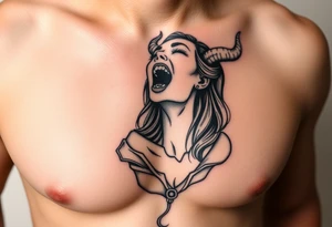 Feminine Tattoo female yelling with horns just barley touching collarbone tattoo idea