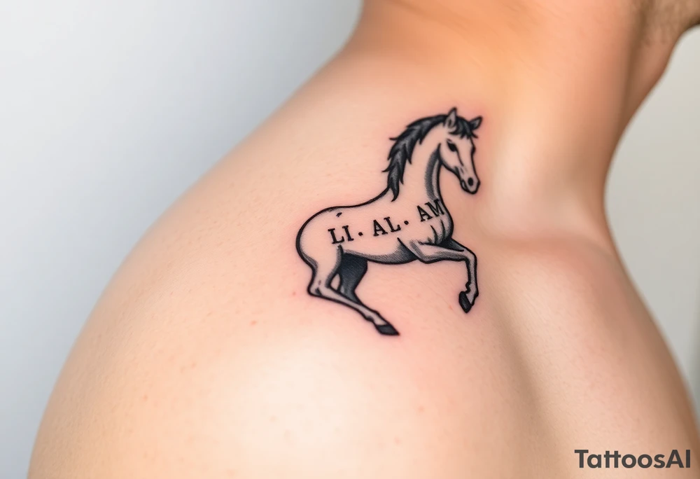 horse silhouette from the front which gallops from the front, with the 3 small letters discreetly integrated: L, A, M tattoo idea