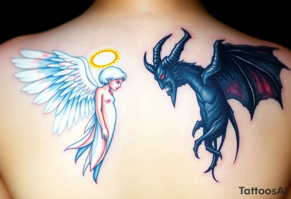 A radiant angel, with soft white wings and a glowing halo, surrounded by light, juxtaposed against a dark demon, with jagged black wings and fiery red eyes, symbolizing the ultimate conflict between good and evil. tattoo idea