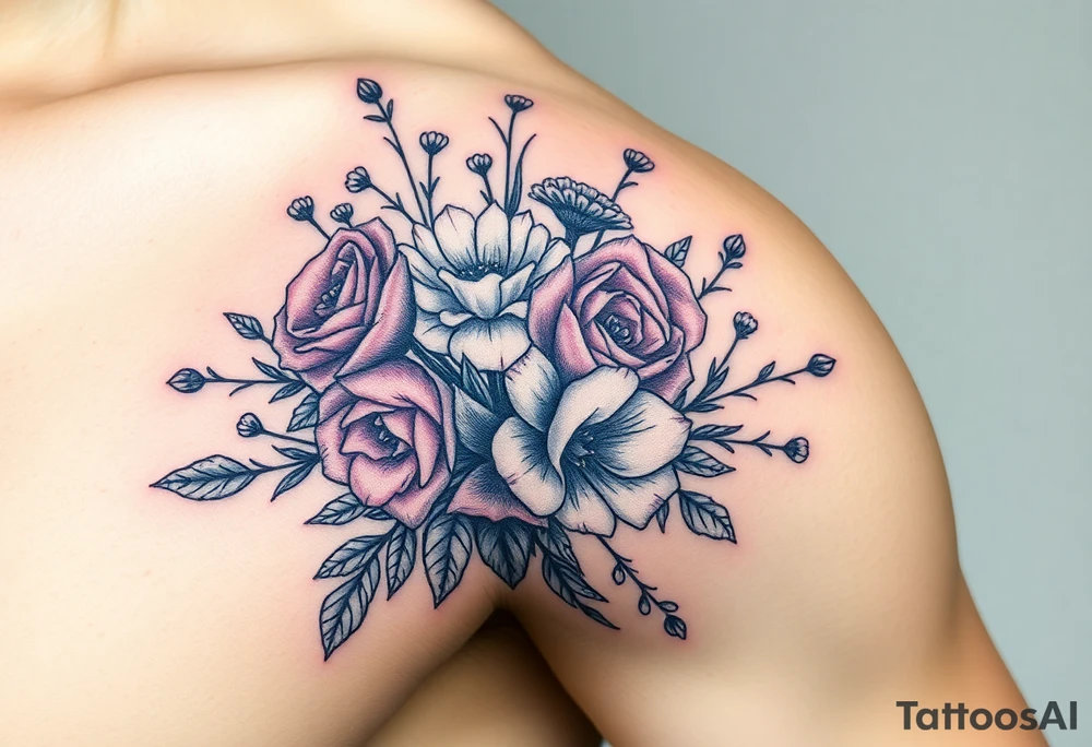 vintage bouquet of wild roses and meadow flowers with morning dew tattoo idea