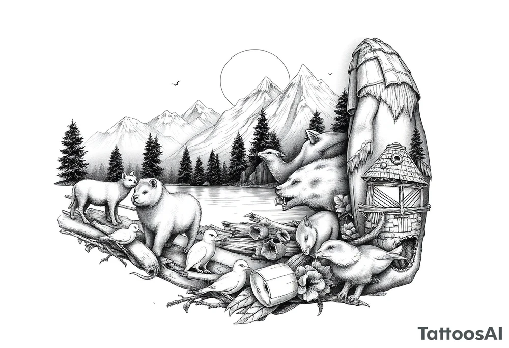 Create a scenic nature half sleeve for a man. Add lots of details including animals. tattoo idea