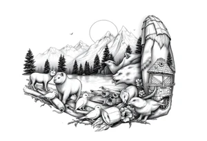 Create a scenic nature half sleeve for a man. Add lots of details including animals. tattoo idea